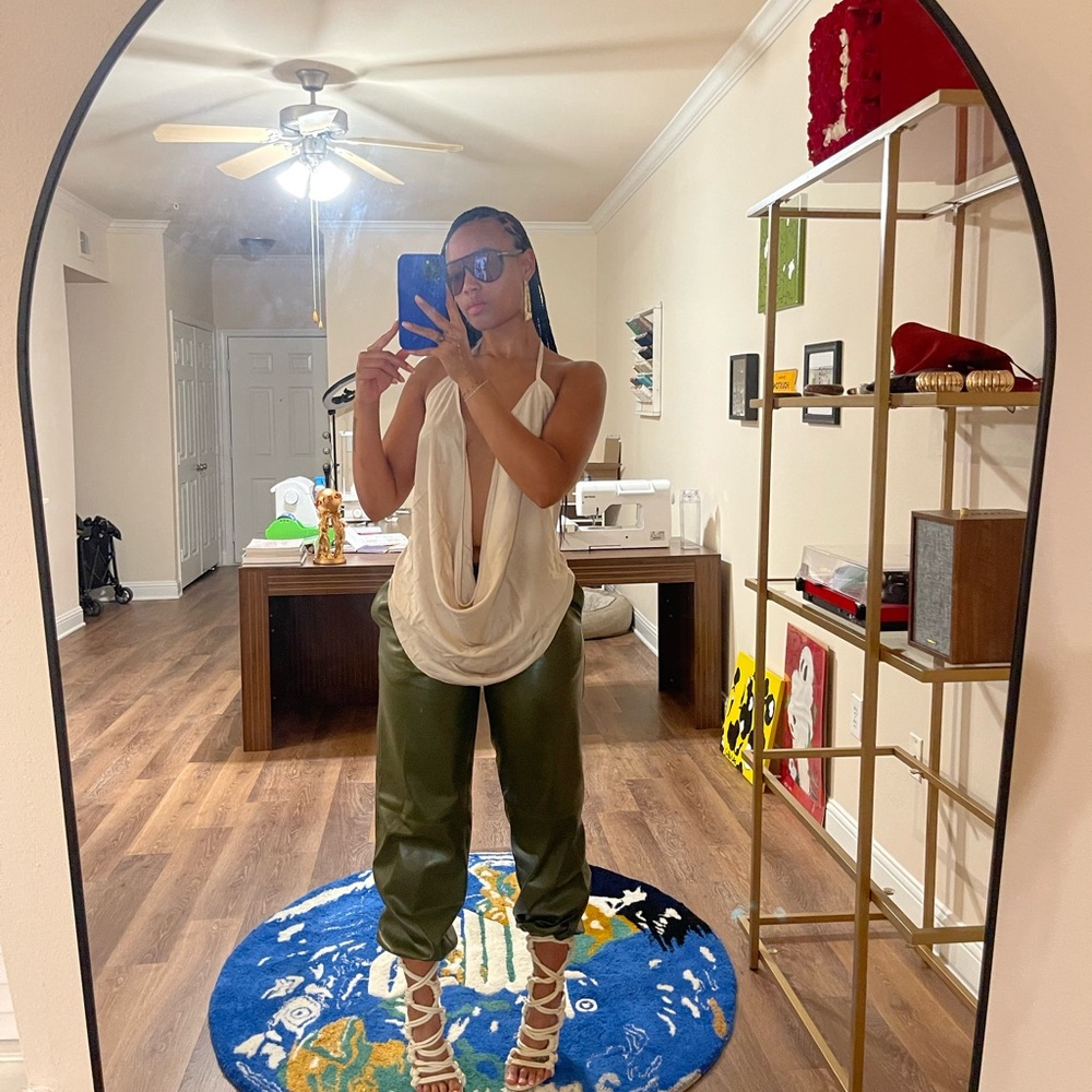 Olive Green Women's Leather Cargo Pants